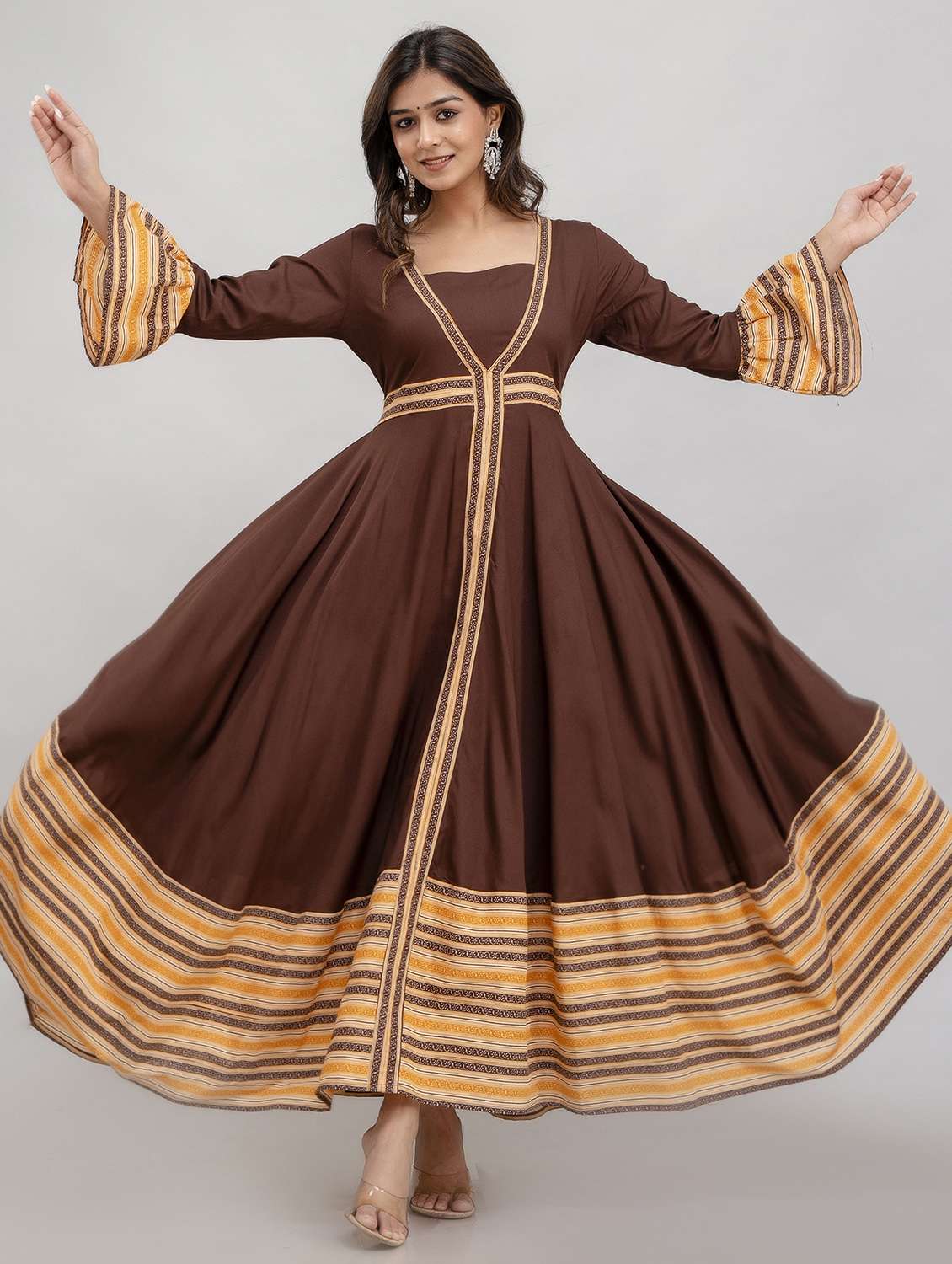 women printed bell sleeve flared ethnic dress