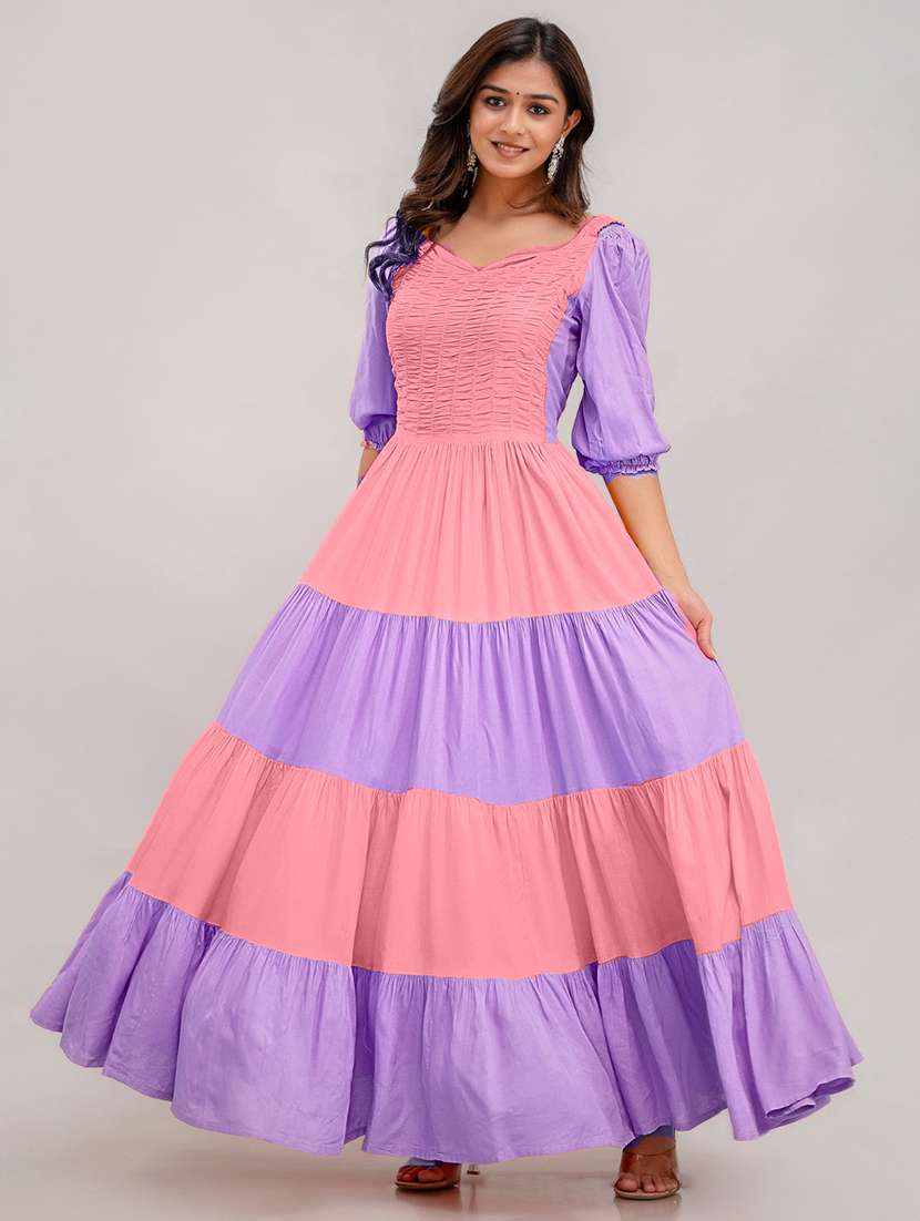 women color block puff sleeve tiered maxi dress - 22078427 -  Standard Image - 1