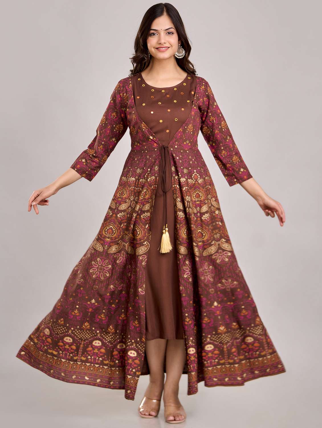 women printed three quarter sleeve flared ethnic dress - 22078429 - Standard Image - 1