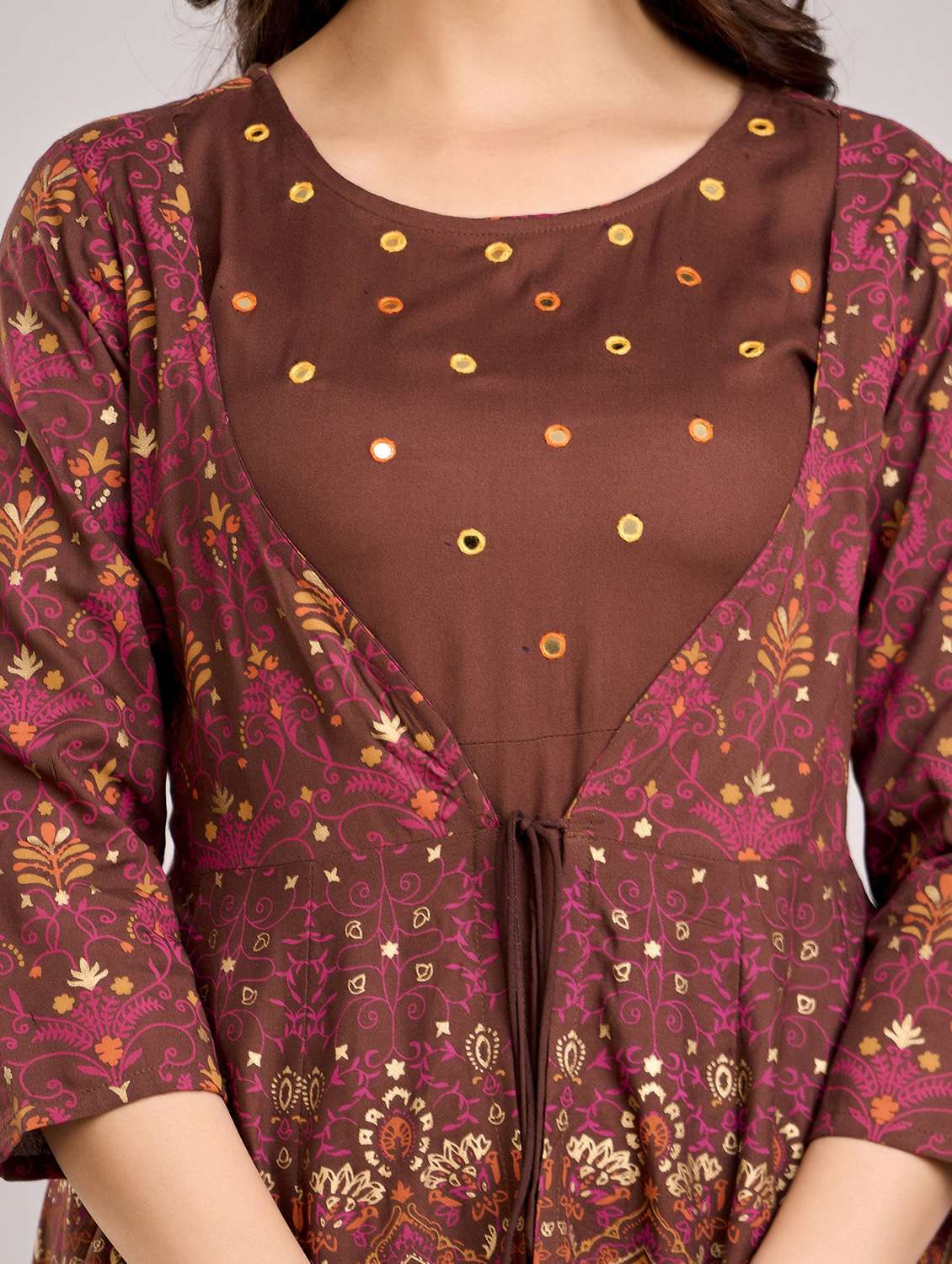 women printed three quarter sleeve flared ethnic dress - 22078429 - Standard Image - 6