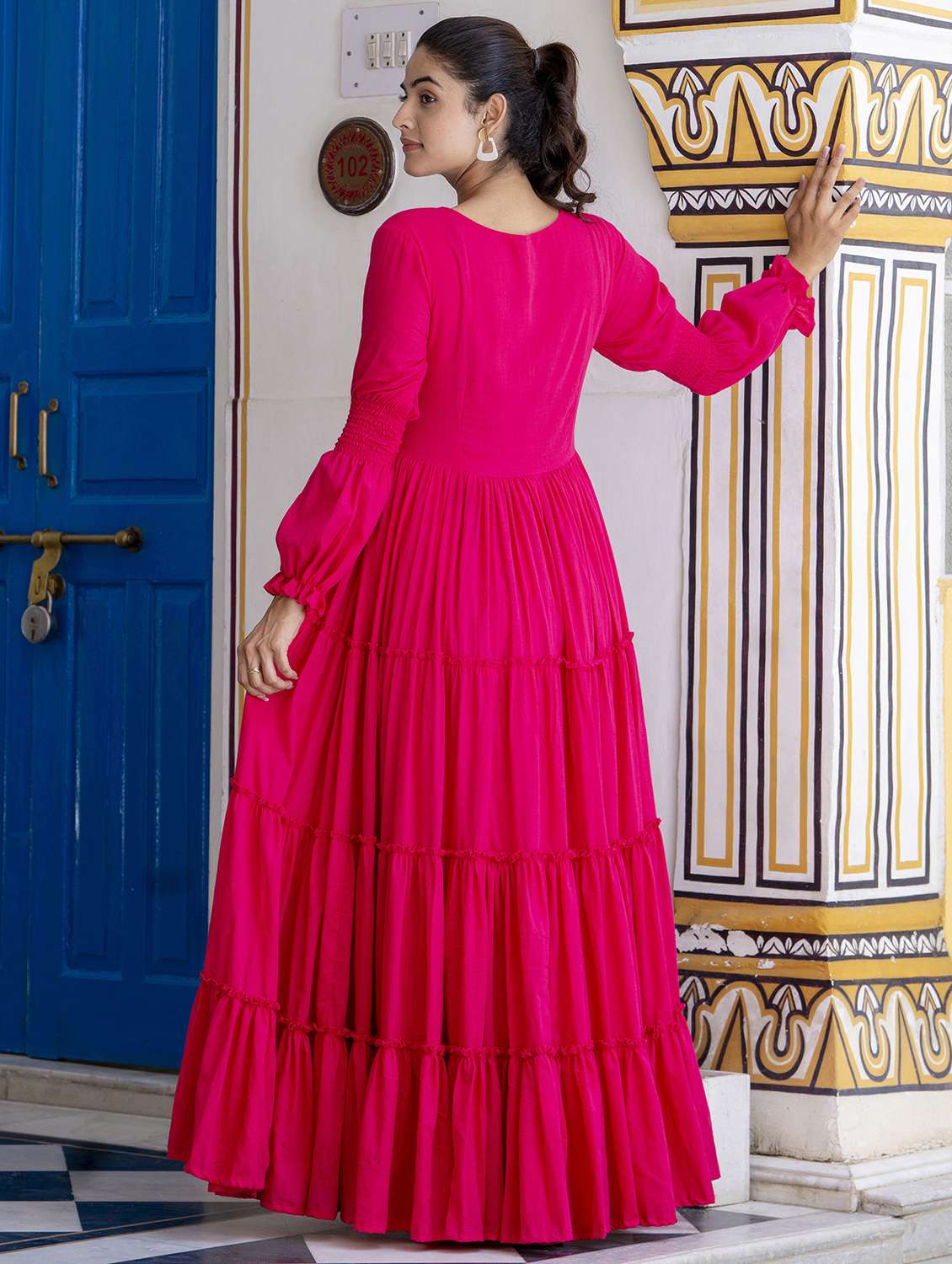 women solid long sleeve tiered ethnic dress - 22078431 - Standard Image - 4