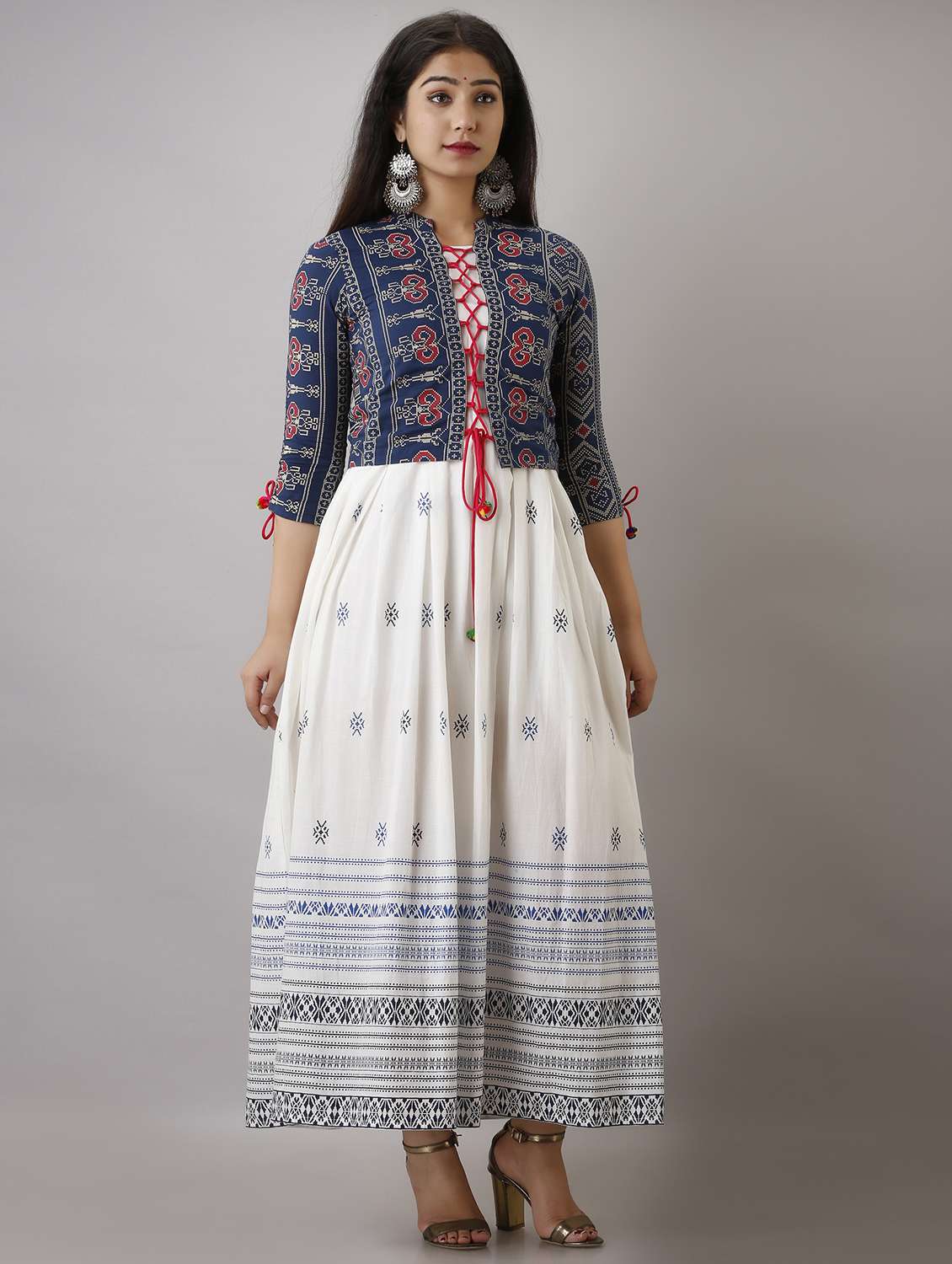 women printed three quarter sleeve kurta with jacket ethnic dress