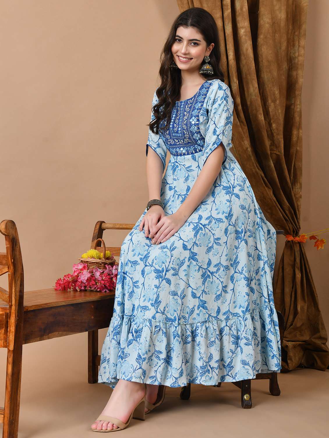 women floral printed three quarter sleeve tiered ethnic dress - 22078433 -  Standard Image - 1