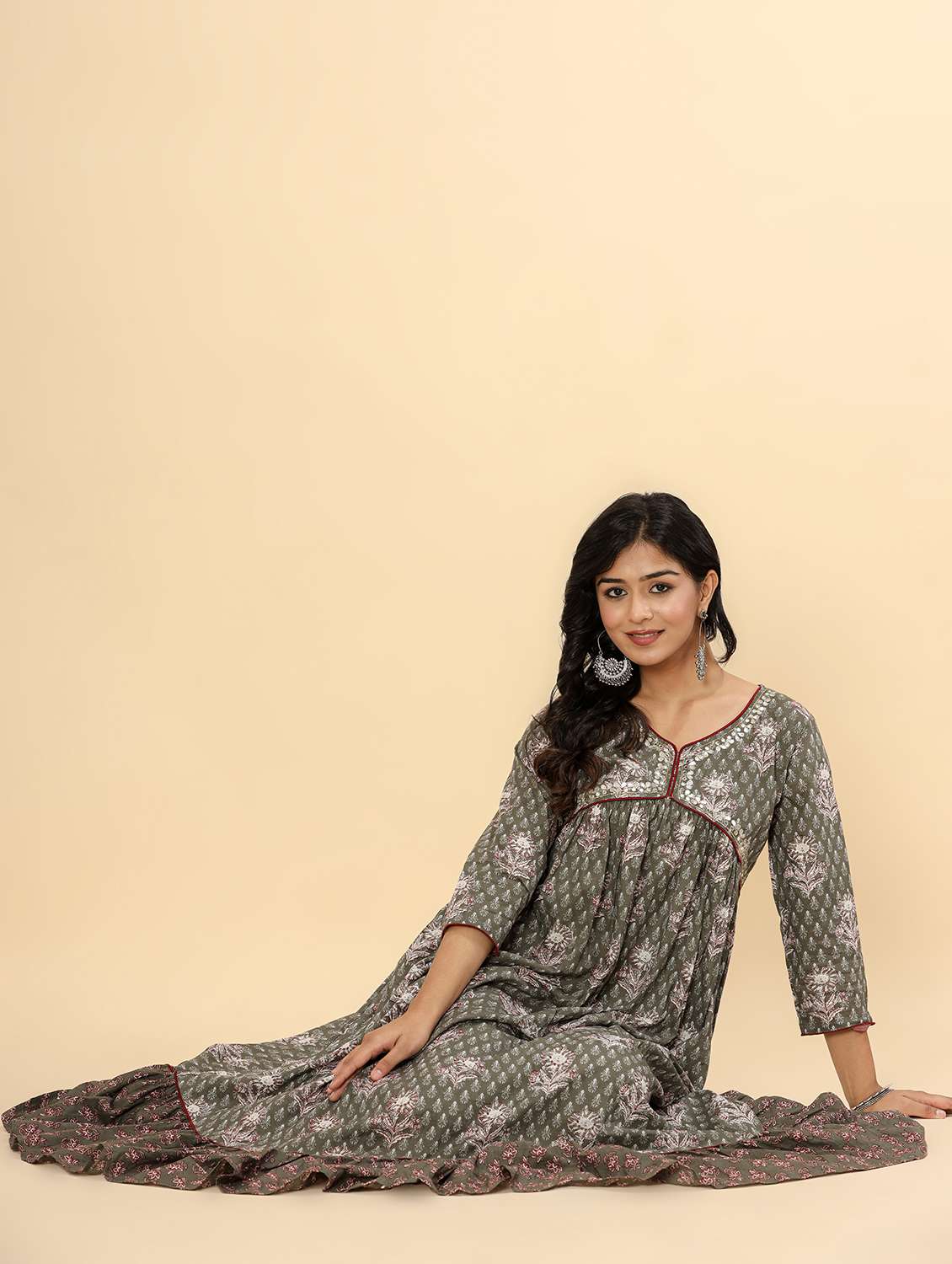 women printed three quarter sleeve tiered ethnic dress - 22078434 -  Standard Image - 1