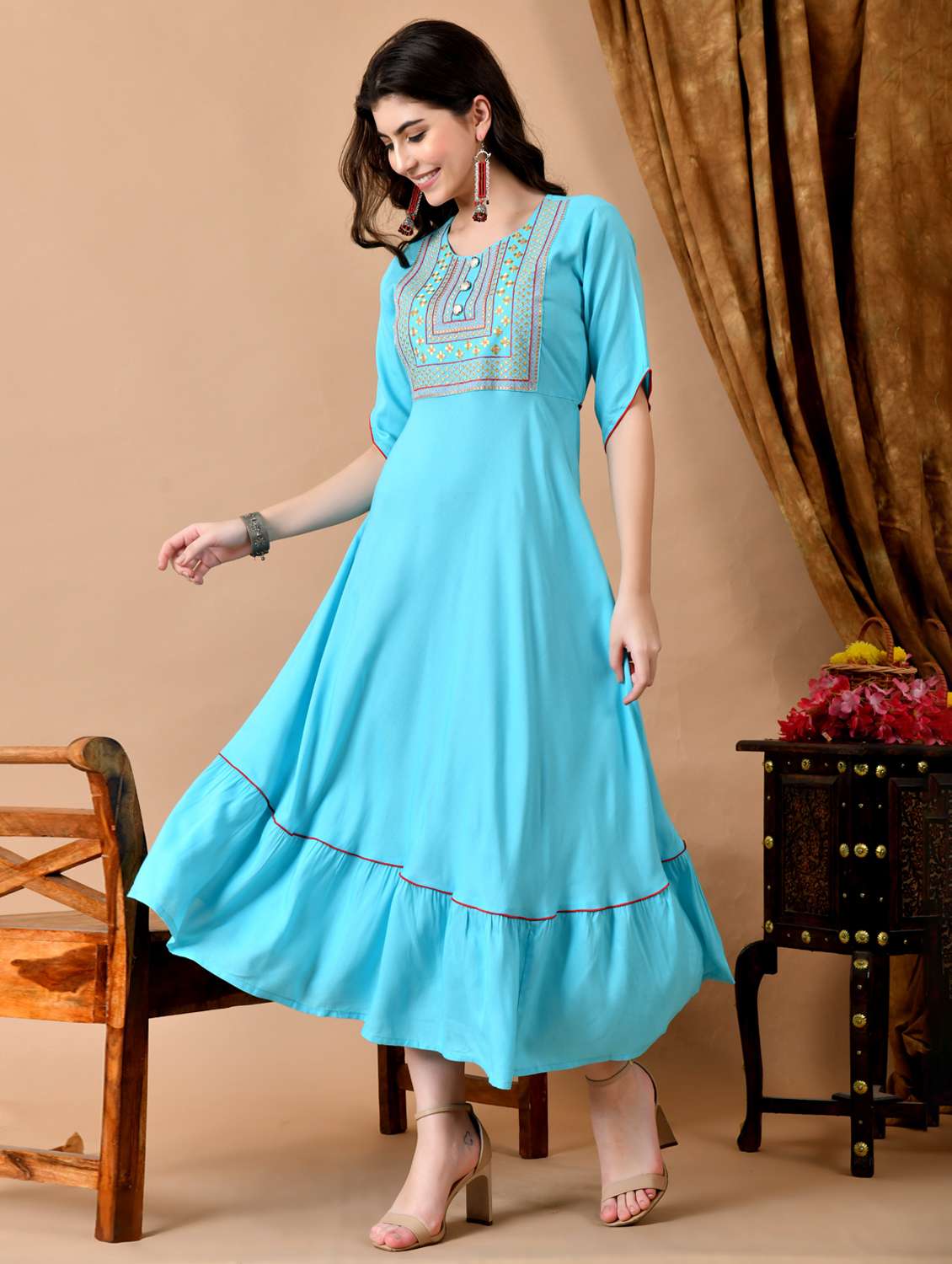 women embroidered round neck tiered dress - 22078435 -  Standard Image - 1