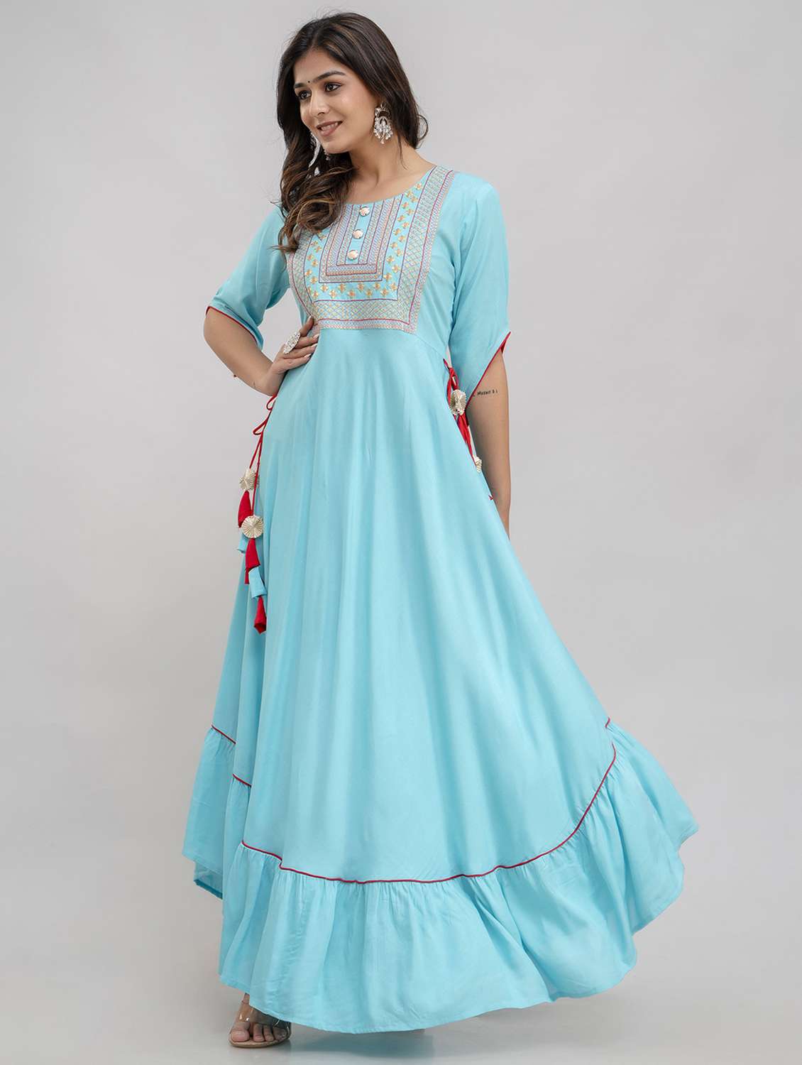 women embroidered three quarter sleeve tiered ethnic dress - 22078436 -  Standard Image - 1