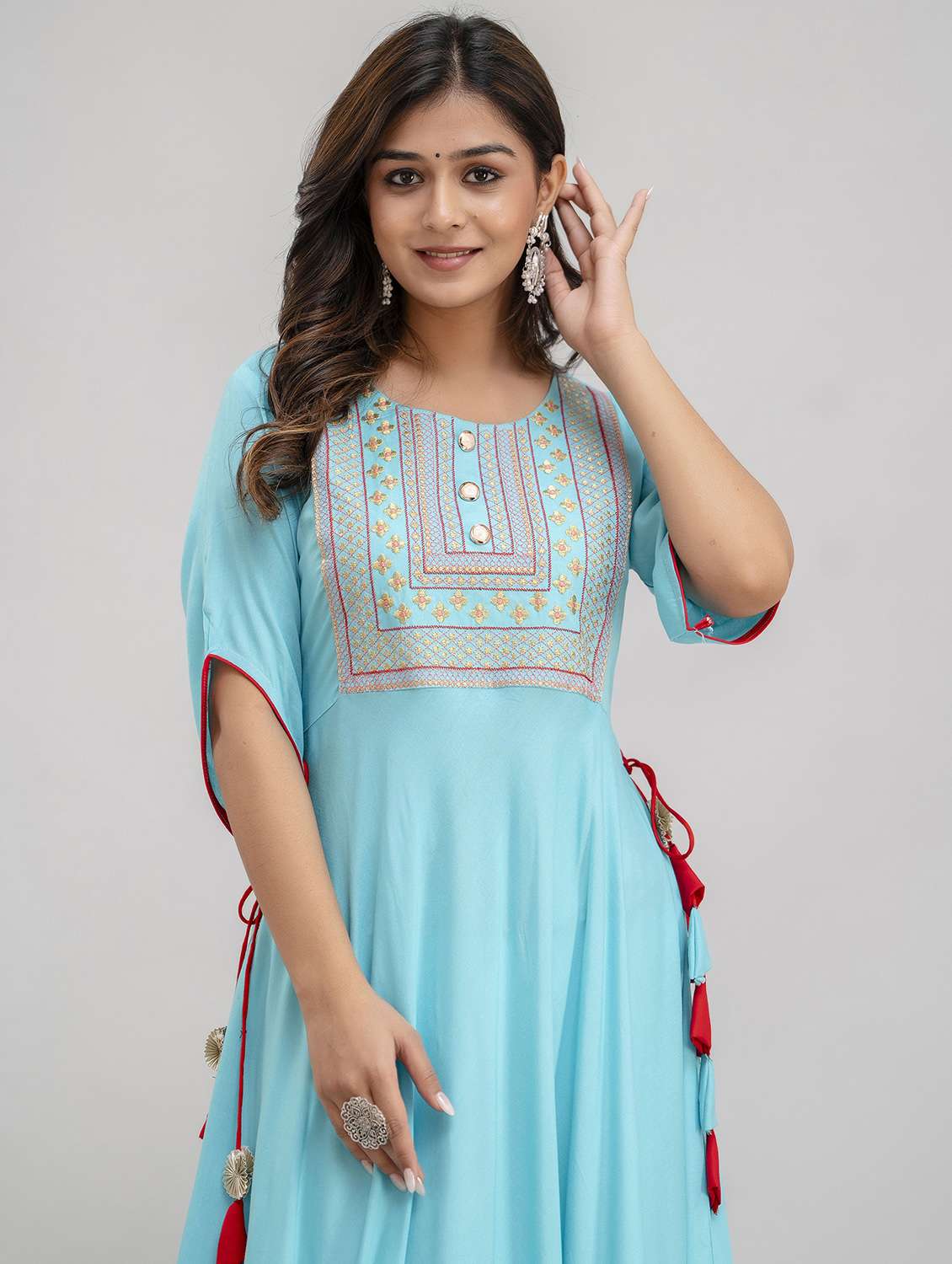 women embroidered three quarter sleeve tiered ethnic dress - 22078436 - Standard Image - 4