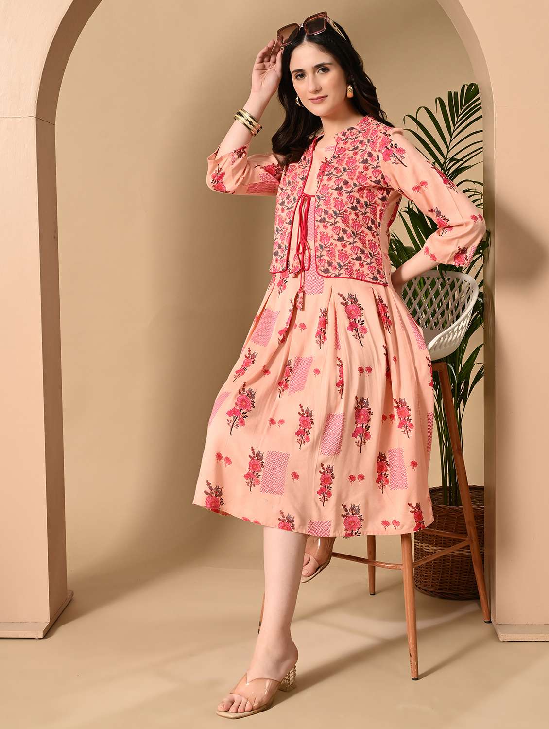 women floral printed three quarter sleeve flared ethnic dress - 22078437 -  Standard Image - 1