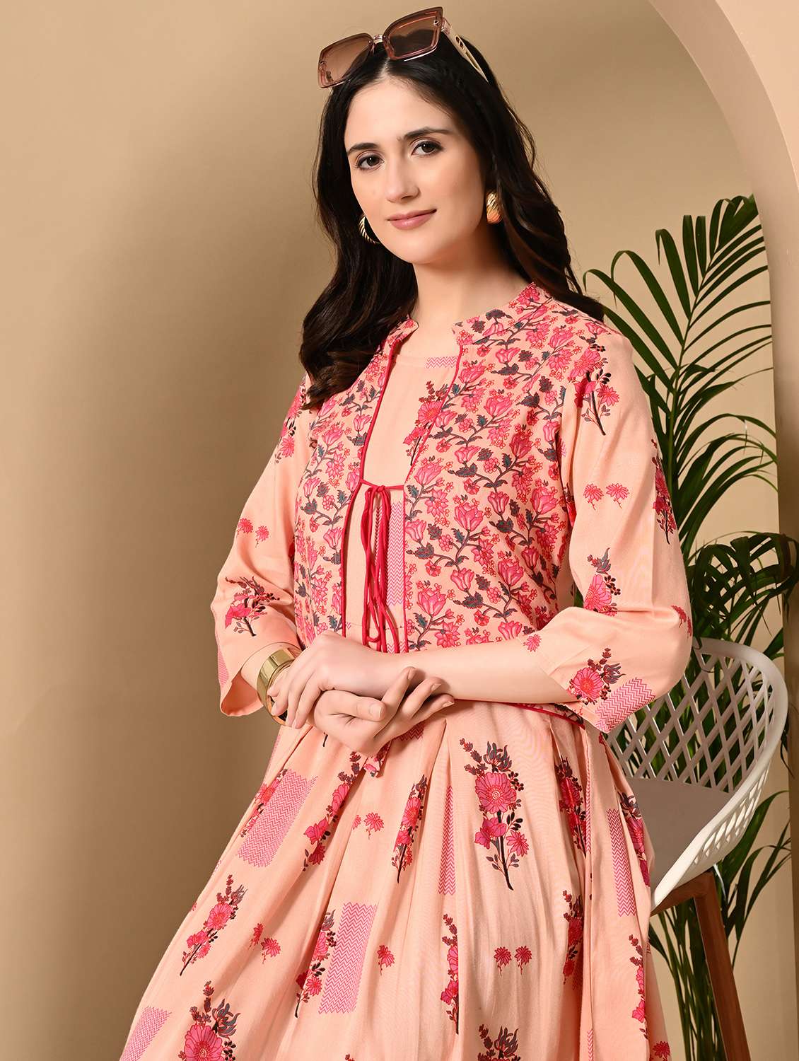 women floral printed three quarter sleeve flared ethnic dress - 22078437 - Standard Image - 4