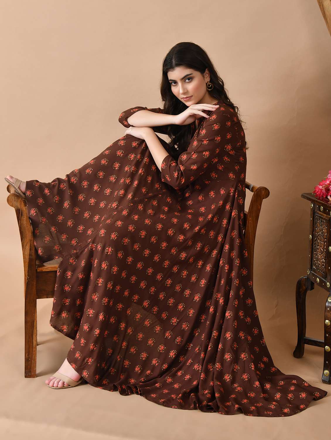 women floral printed three quarter sleeve flared ethnic dress - 22078438 -  Standard Image - 1