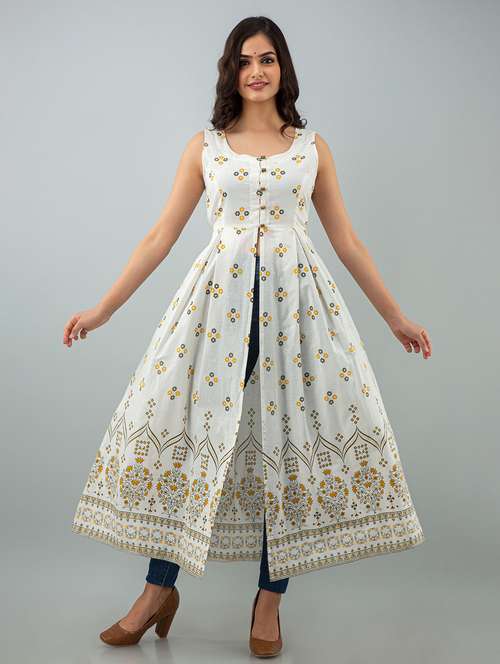 women floral printed sleeveless front slit kurta - 22078439 - Standard Image - 0