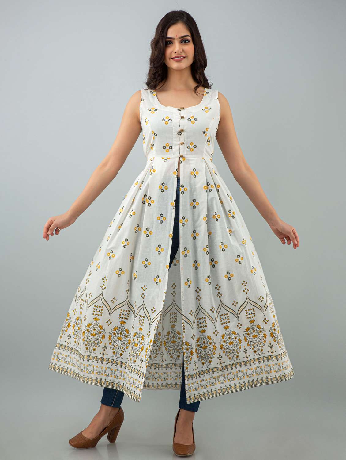 women floral printed sleeveless front slit kurta - 22078439 -  Standard Image - 1