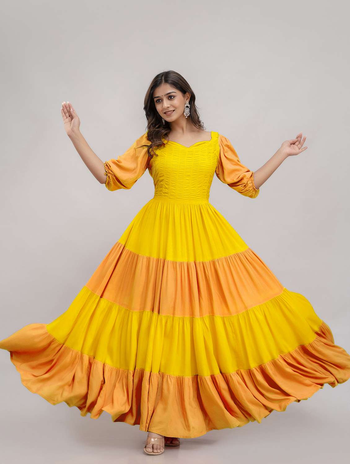 women color block puff sleeve tiered maxi dress - 22078440 - Standard Image - 1