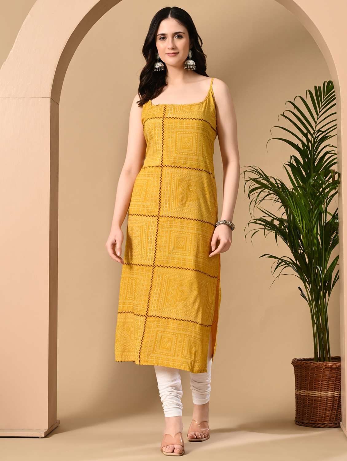 women printed shoulder strap straight kurta - 22078442 -  Zoom Image - 0