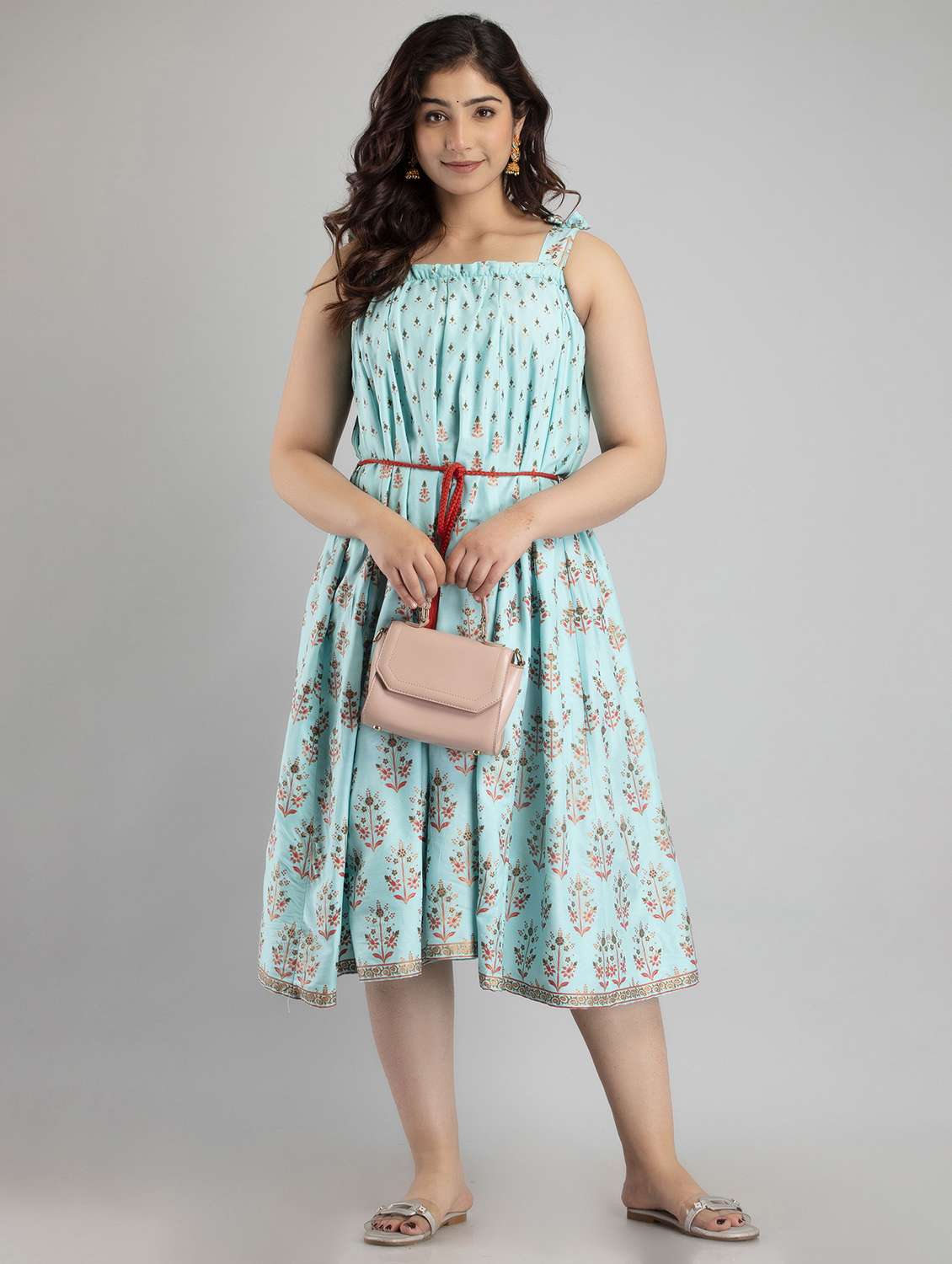 women printed shoulder strap flared ethnic dress