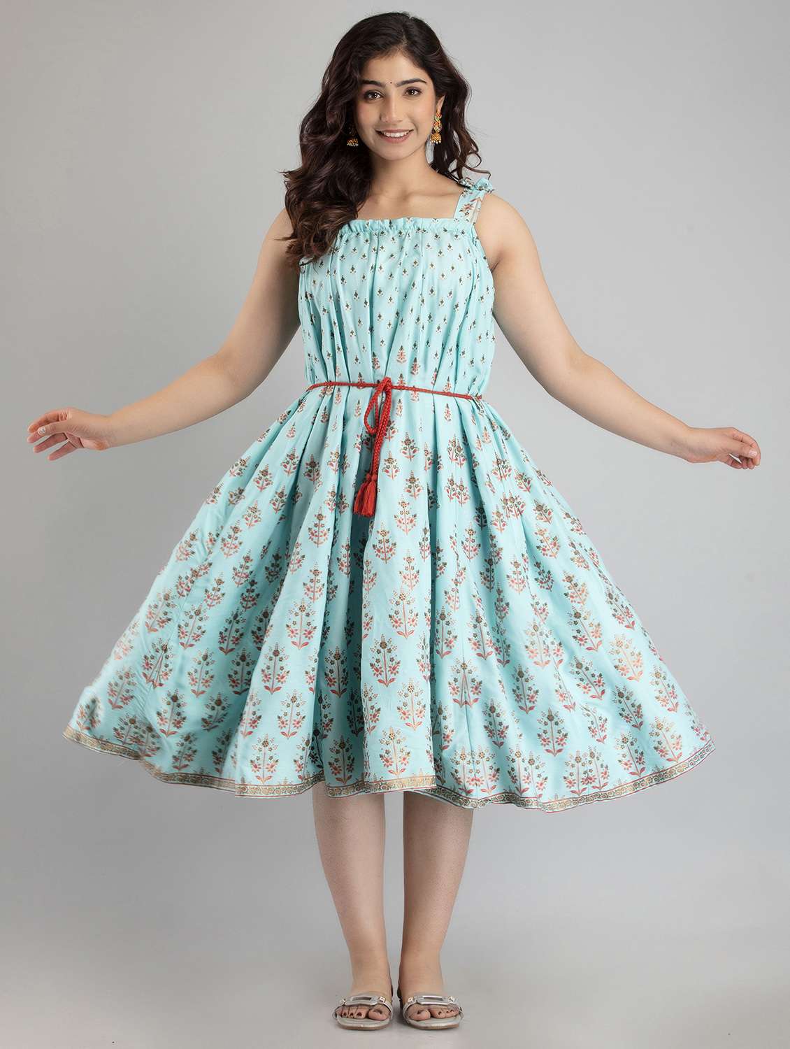 women printed shoulder strap flared ethnic dress - 22078443 - Standard Image - 1