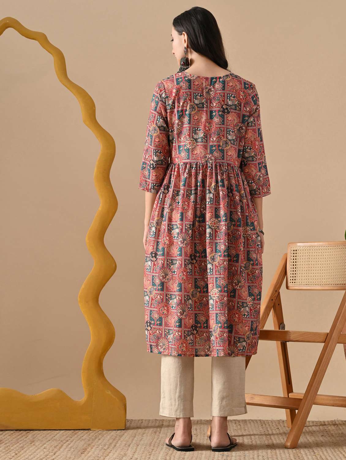 women printed three quarter sleeve a-line kurta - 22078444 - Standard Image - 4