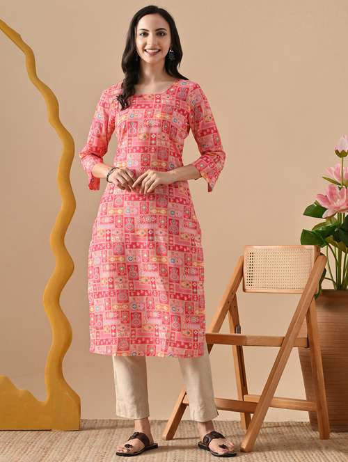 women printed three quarter sleeve straight kurta - 22078445 -  Standard Image - 0