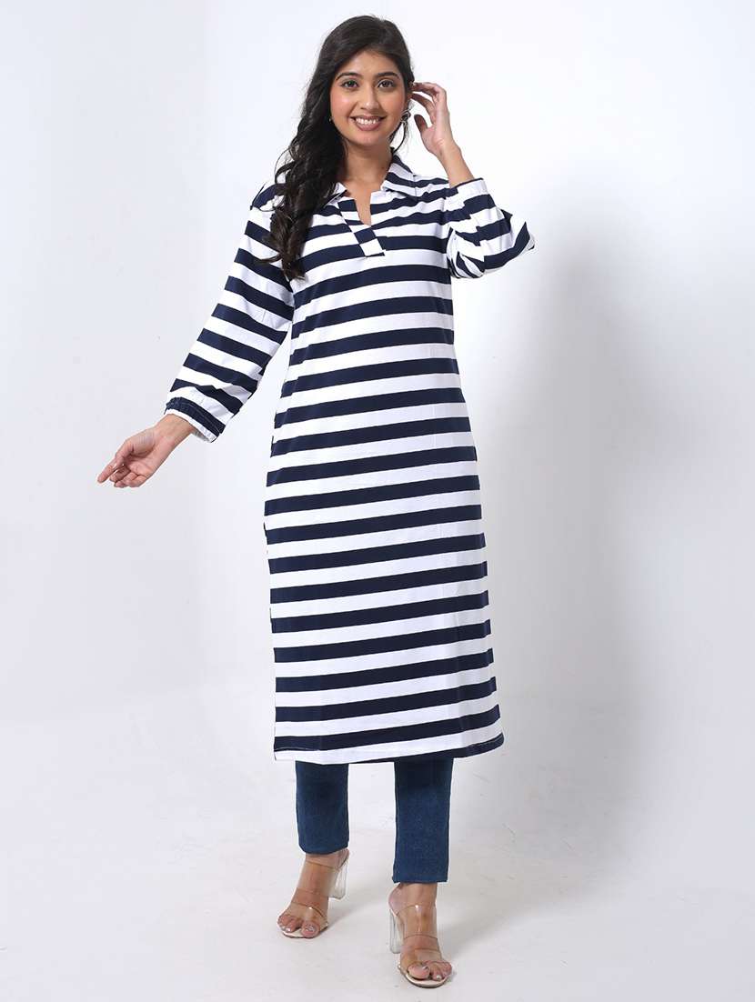 women striped collared long sleeve long top - 22078452 -  Standard Image - 1