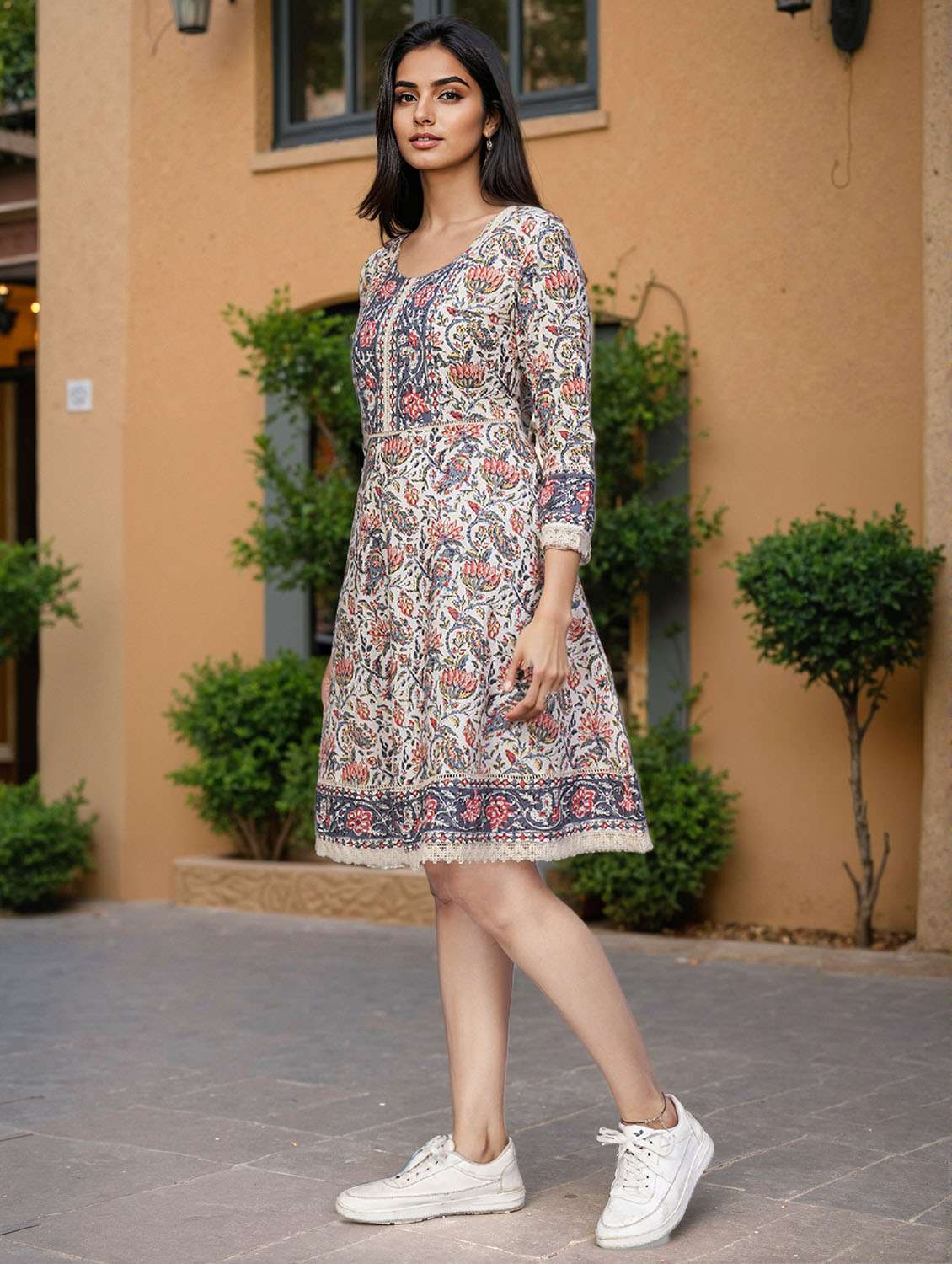 women floral printed three quarter sleeve ethnic dress - 22078460 -  Standard Image - 4