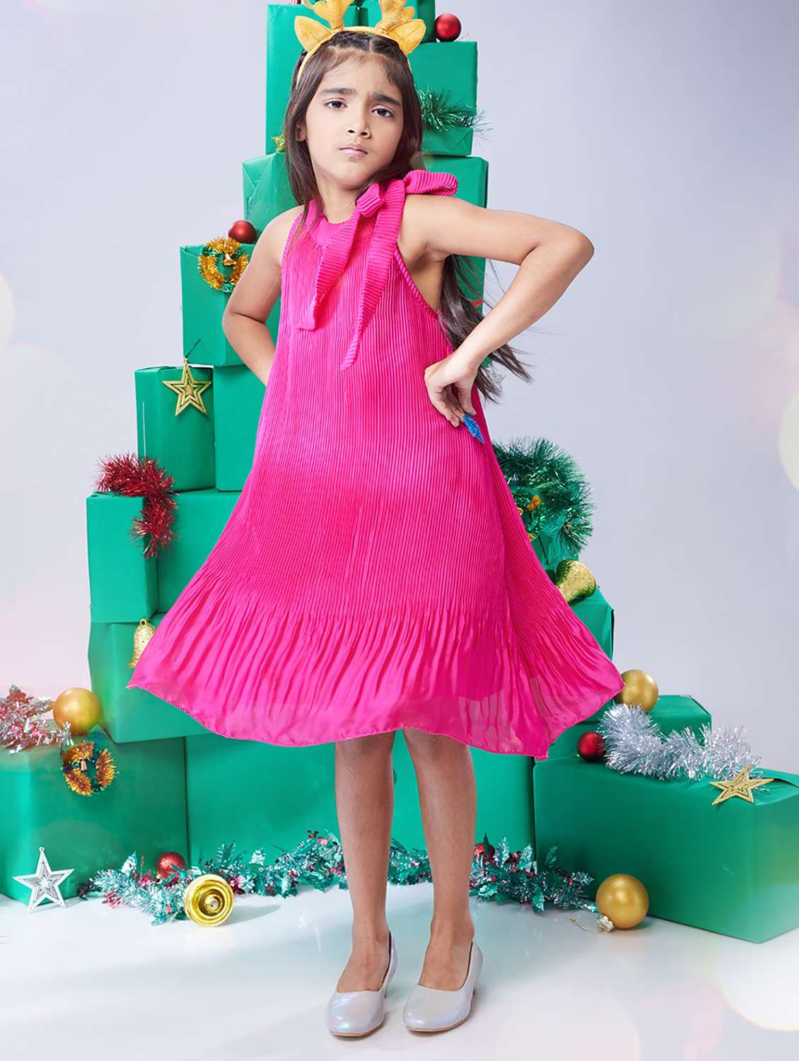 girls solid halter neck sleeveless fit & flare dress - 22078479 - Standard Image - 1