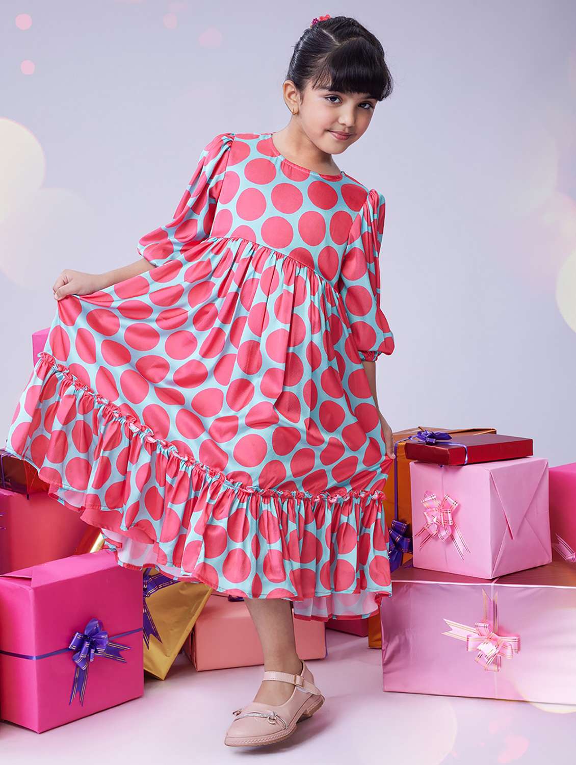 girls polka doted puff sleeve tiered dress - 22078497 - Standard Image - 1