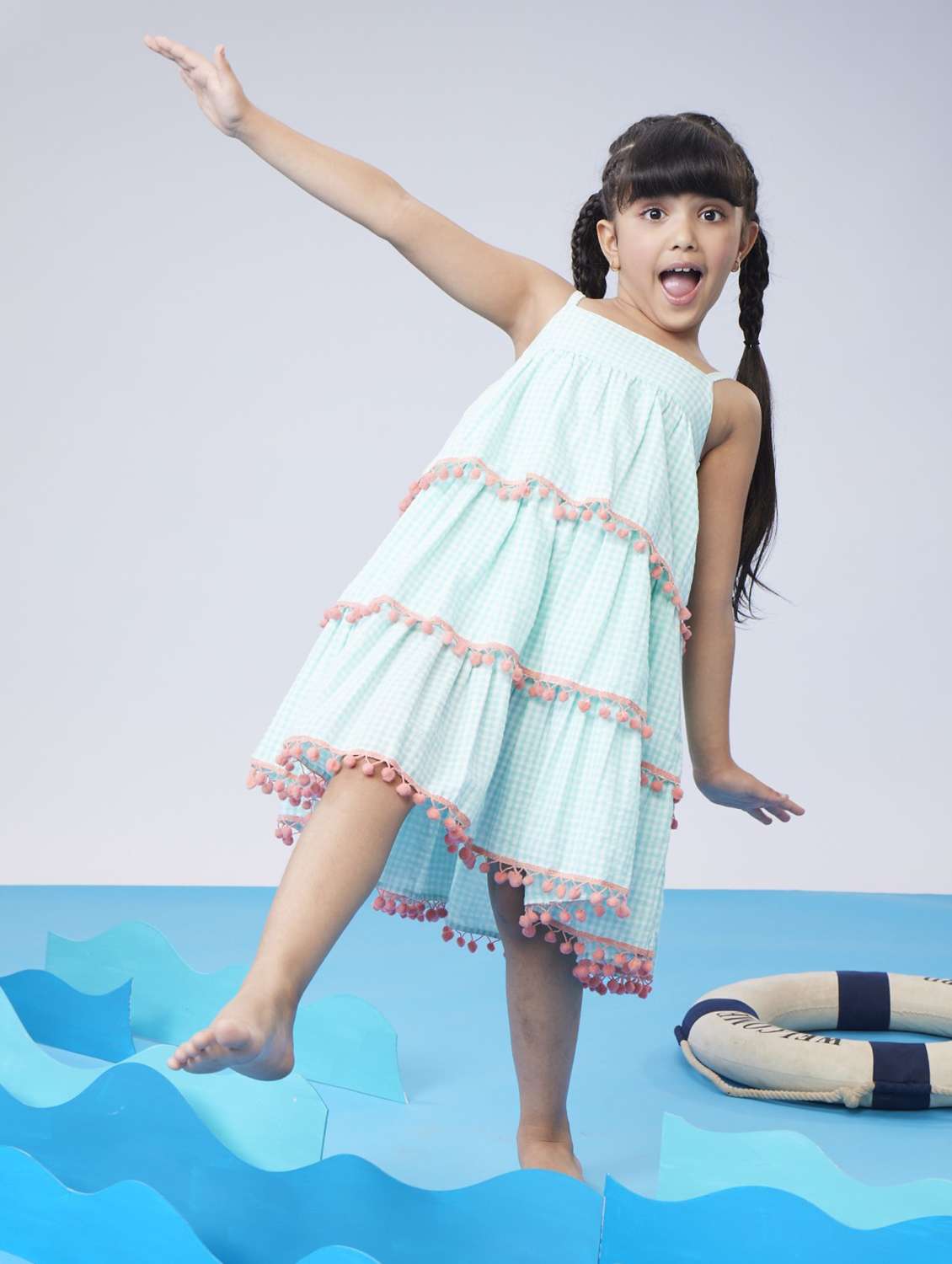 girls checkered shoulder strap tiered dress - 22078500 -  Standard Image - 1