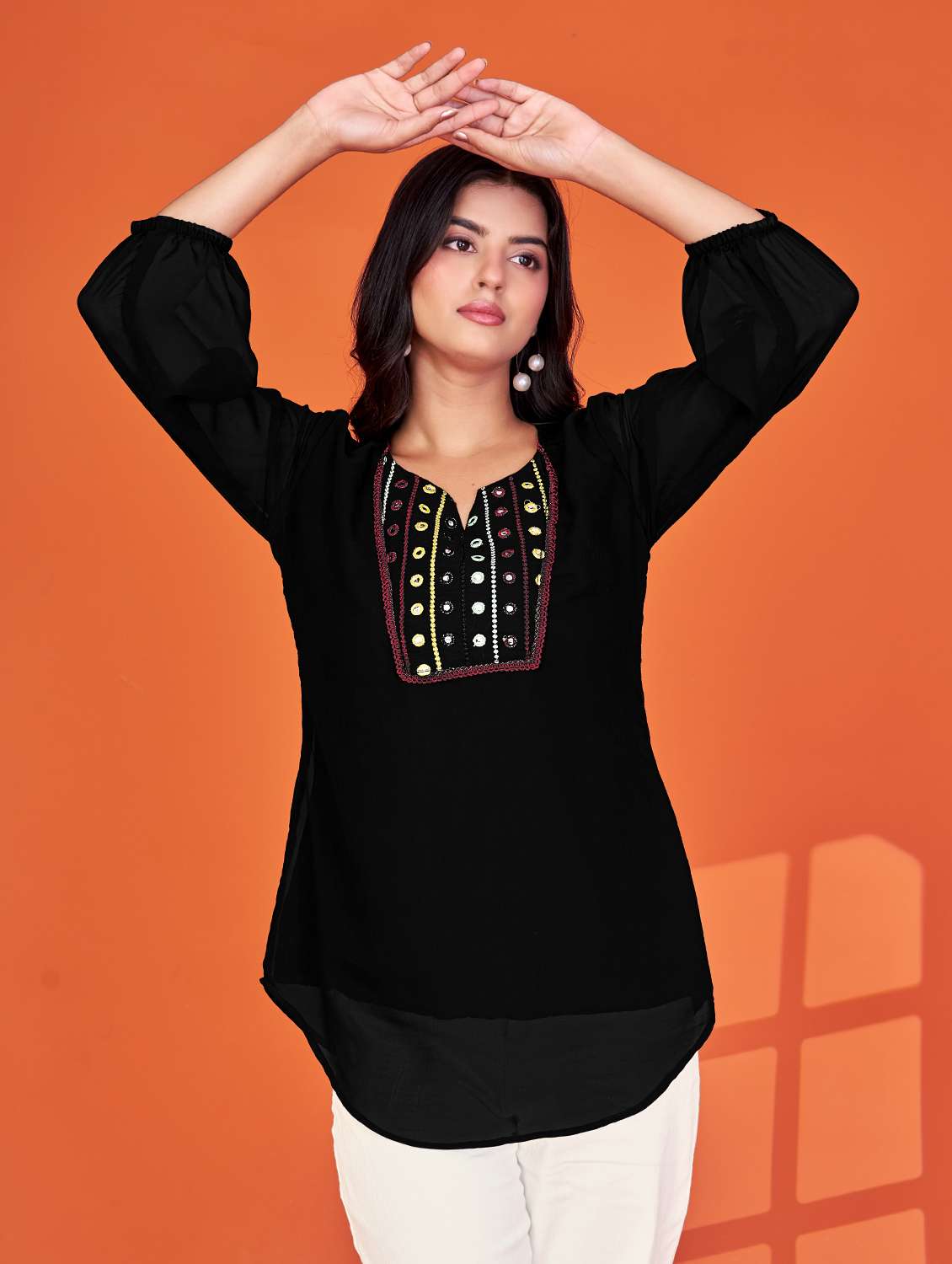 women black embroidered  notch neck tunic - 22078502 -  Standard Image - 1