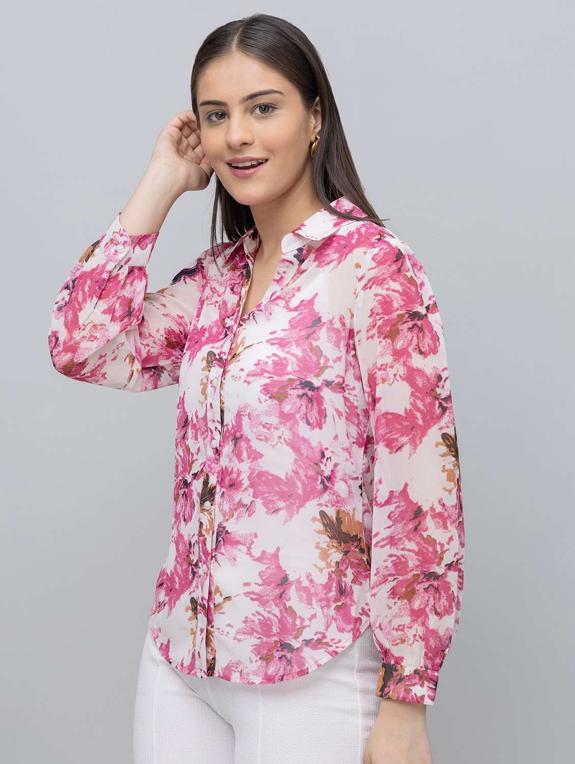 women floral print long sleeve collared regular shirt - 22078506 -  Standard Image - 1