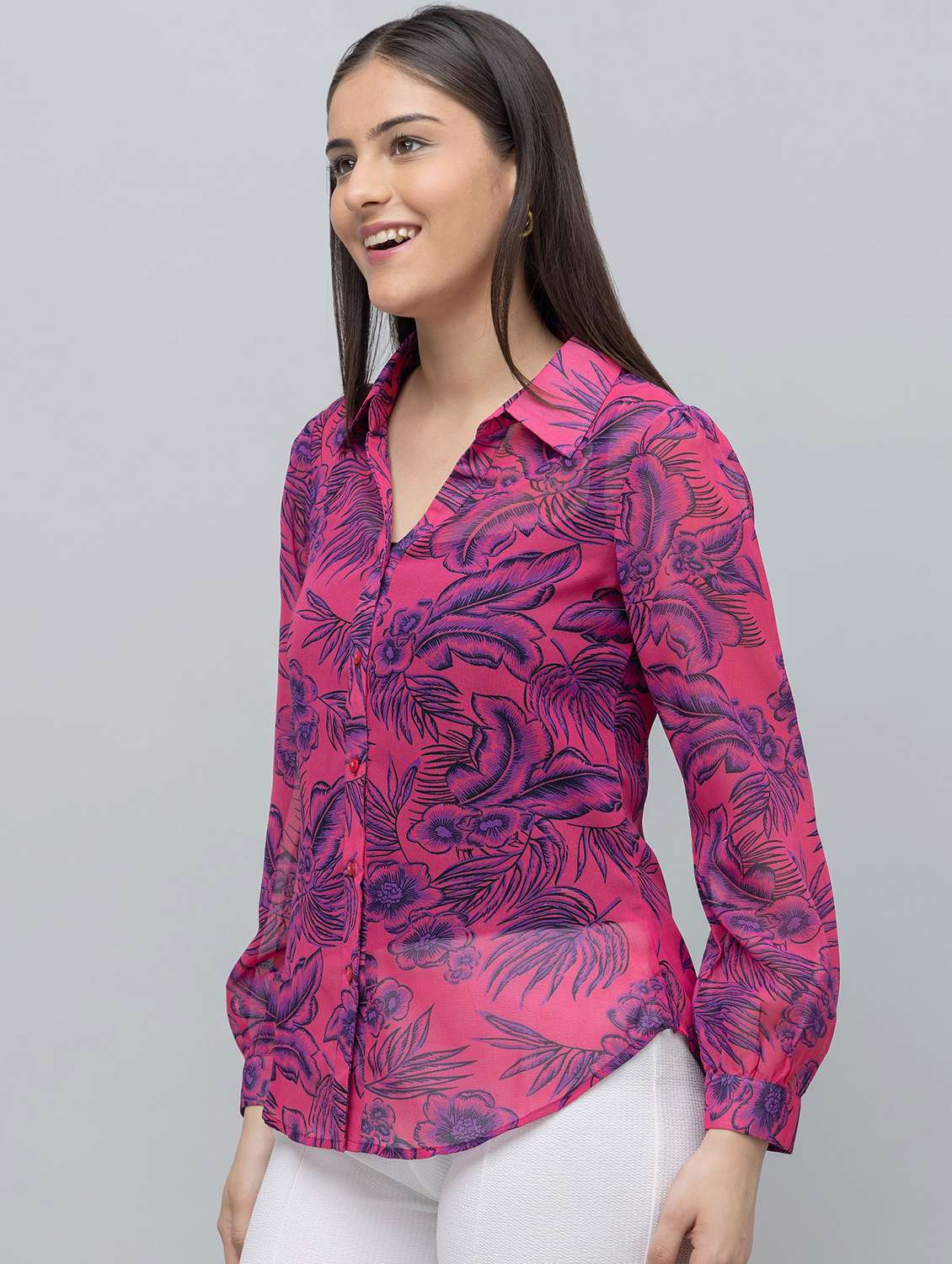 women floral print collared long sleeve shirt - 22078507 -  Standard Image - 1
