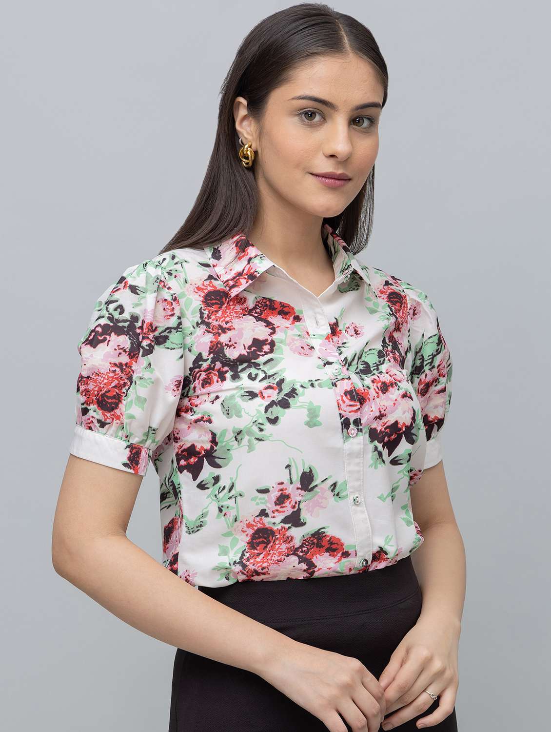 women floral print puff sleeve collared shirt - 22078508 -  Standard Image - 1