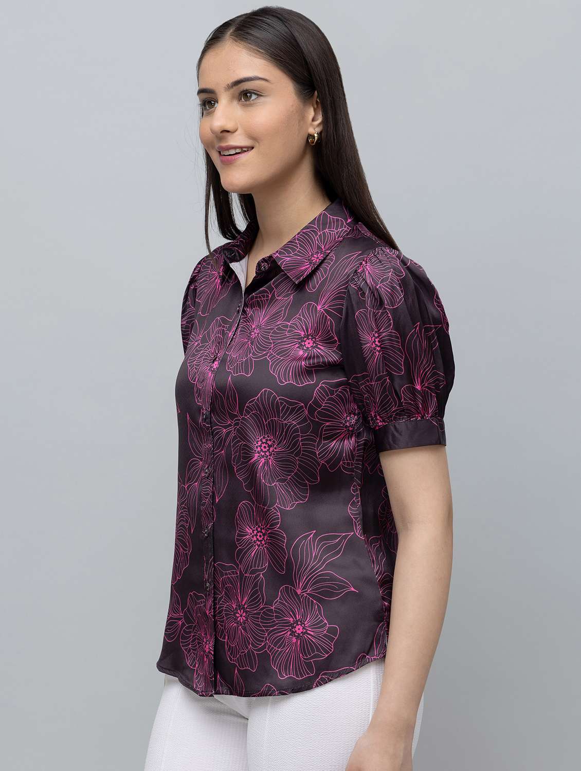 women printed puff sleeve collared regular shirt - 22078510 - Standard Image - 1