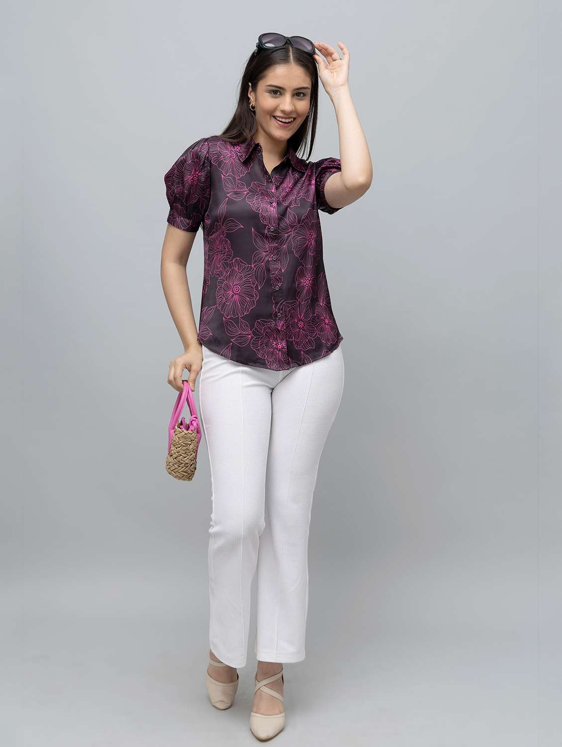 women printed puff sleeve collared regular shirt - 22078510 - Standard Image - 4