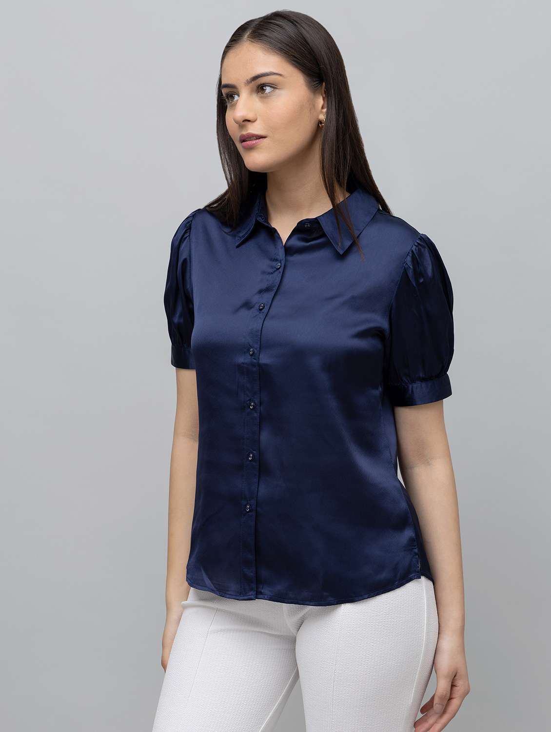 women solid puff sleeve collared regular shirt - 22078511 -  Standard Image - 1