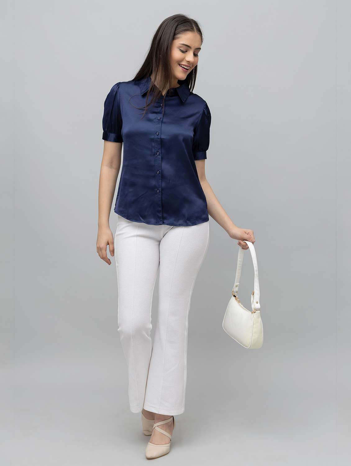 women solid puff sleeve collared regular shirt - 22078511 -  Standard Image - 4