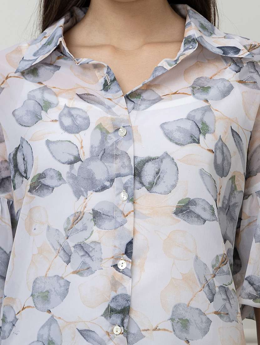 women printed bell sleeve collared shirt - 22078514 -  Standard Image - 4
