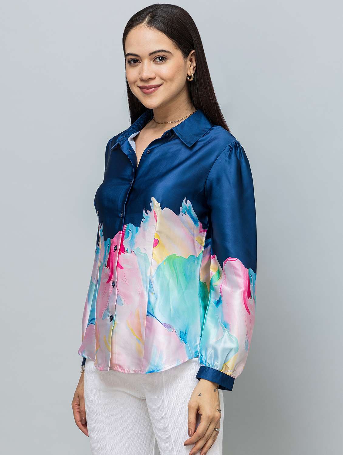 women printed long sleeve collared shirt - 22078515 -  Standard Image - 1