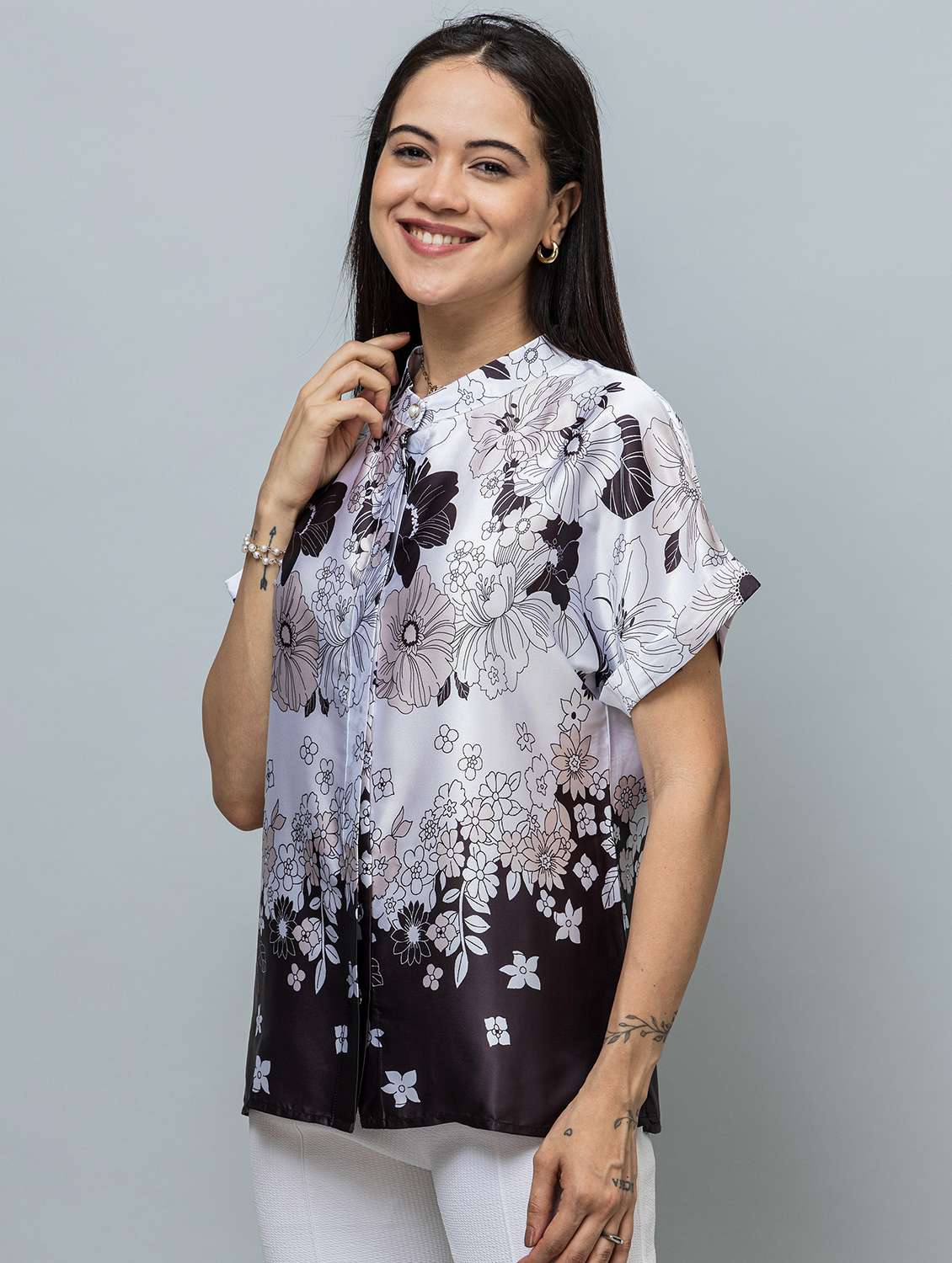 women printed mandarin neck short sleeve shirt - 22078516 -  Standard Image - 1