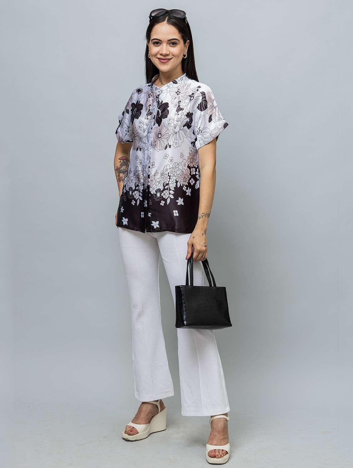 women printed mandarin neck short sleeve shirt - 22078516 -  Standard Image - 4