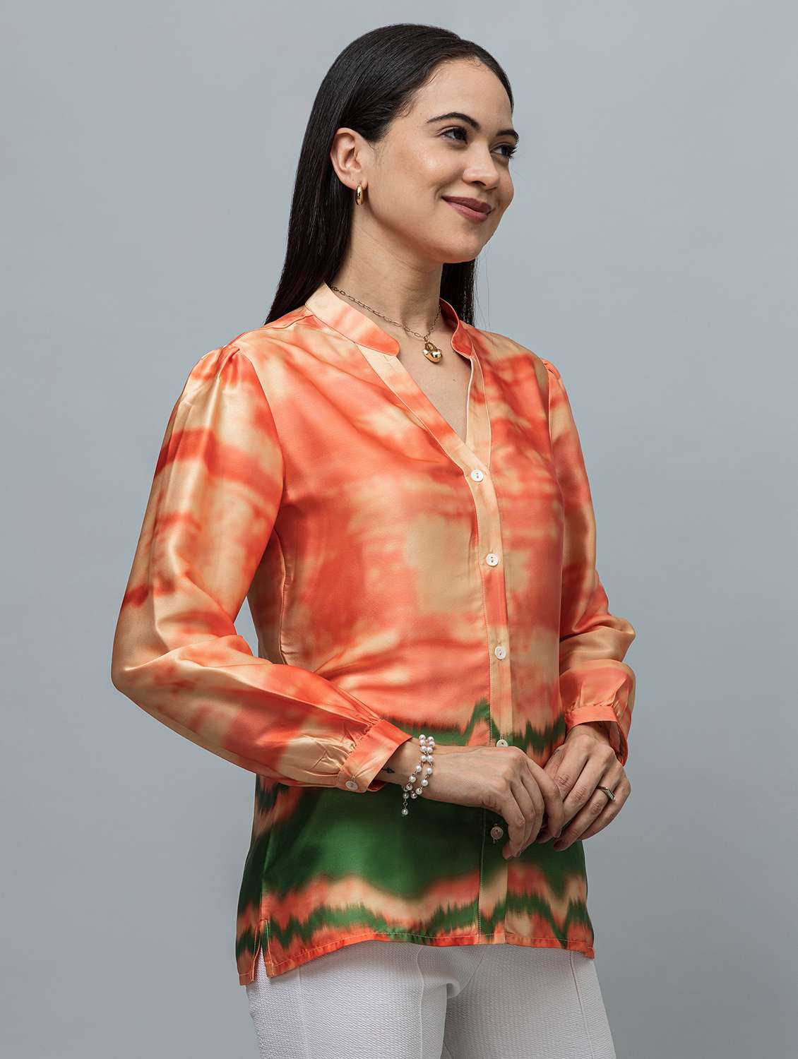 women printed mandarin neck long sleeve shirt - 22078517 -  Standard Image - 1