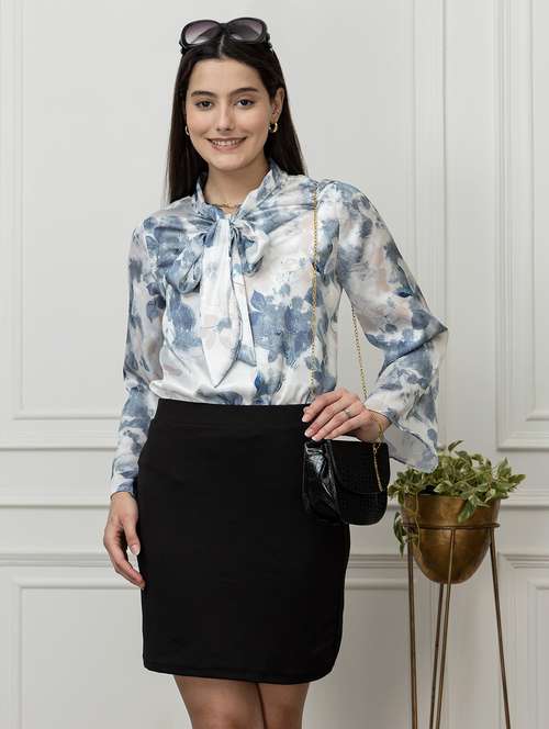 women printed bell sleeve tie up neck top - 22078518 -  Standard Image - 0