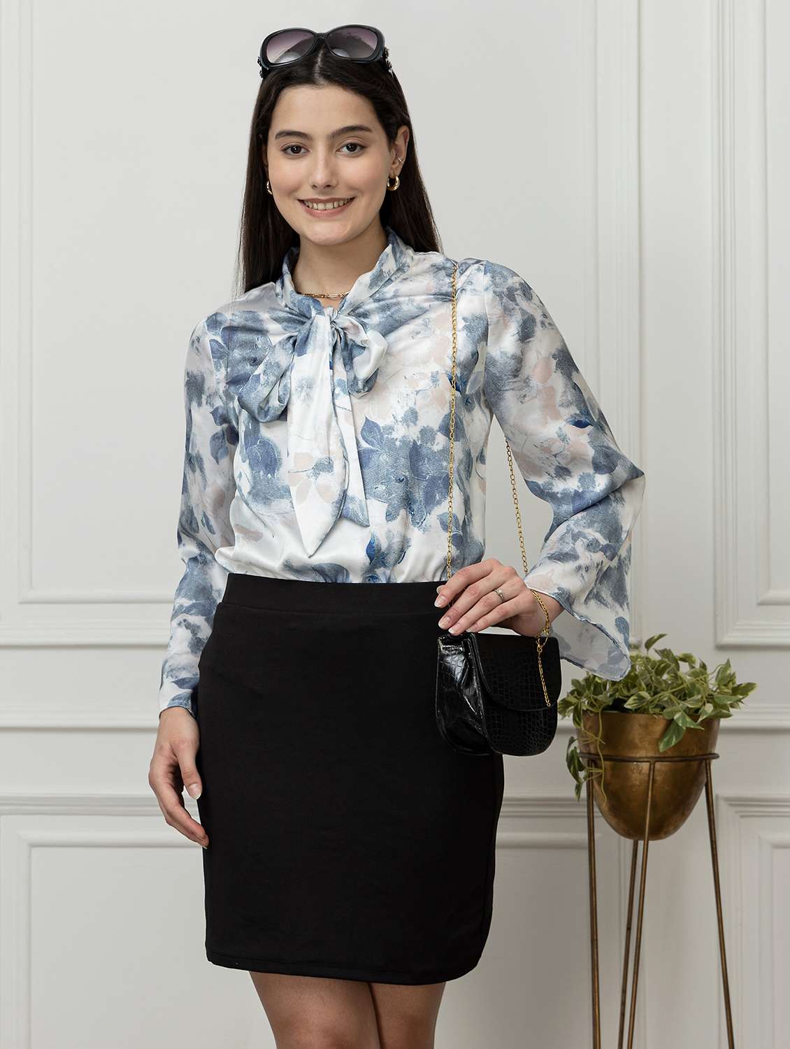 women printed bell sleeve tie up neck top - 22078518 -  Zoom Image - 0