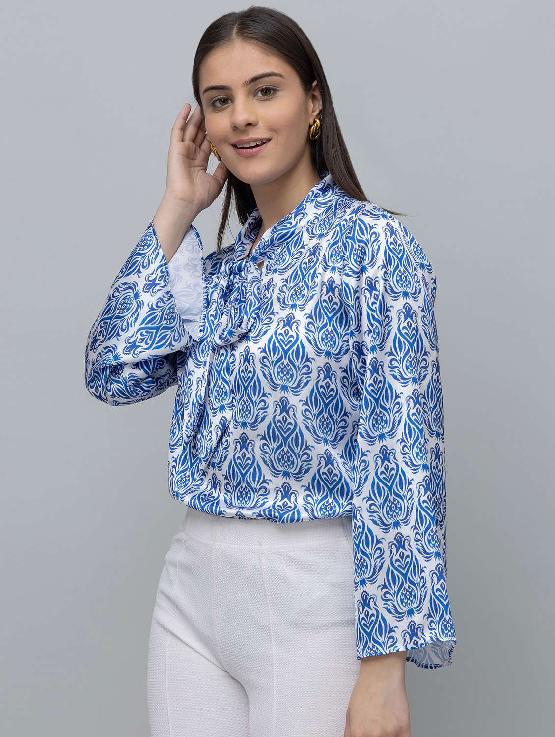 women printed bell sleeve tie up neck top - 22078519 - Standard Image - 1