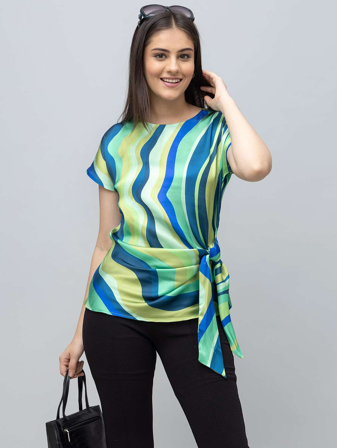 women printed short sleeve mock wrap top - 22078524 - Standard Image - 1