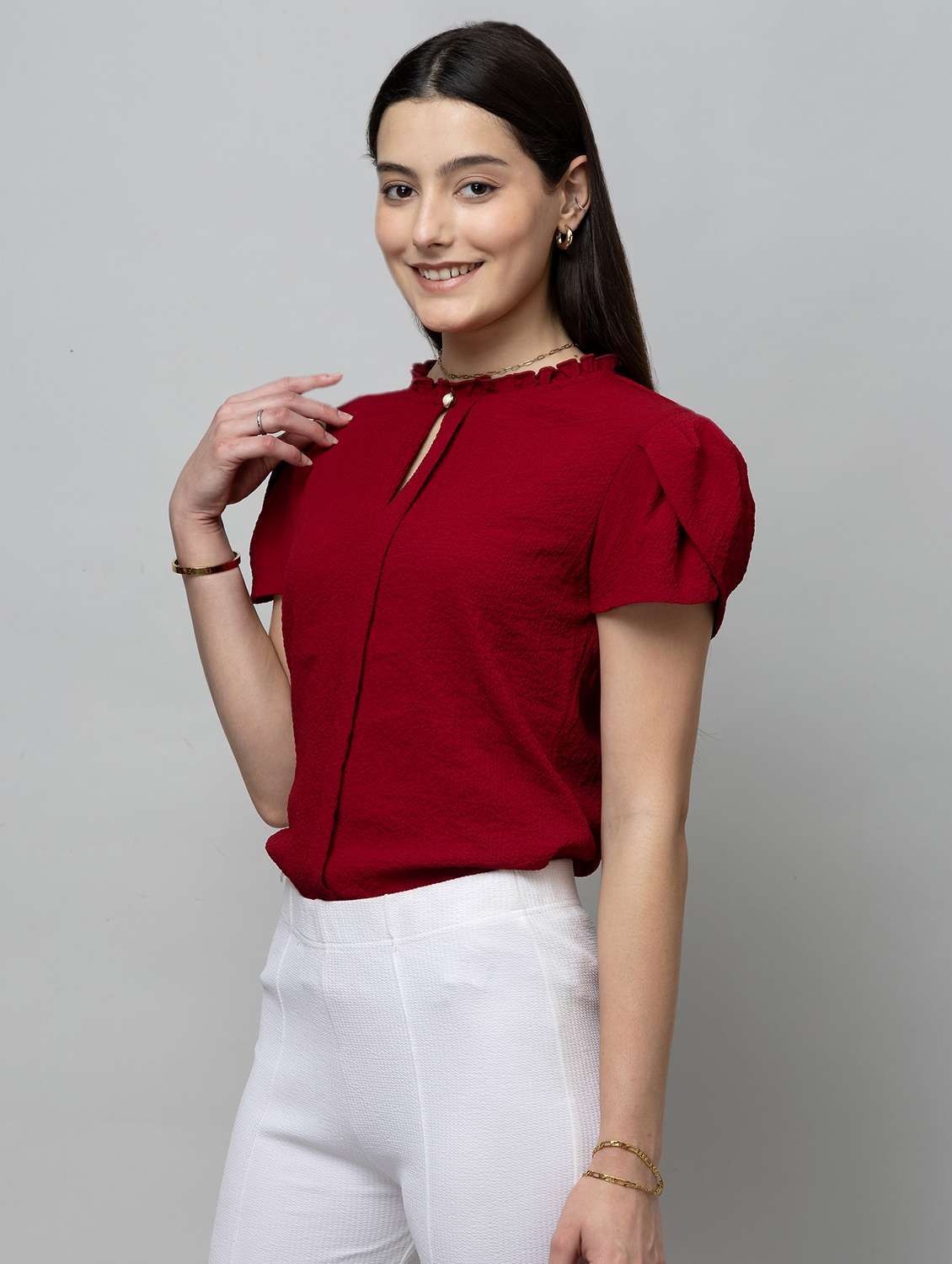women solid tulip sleeve regular top - 22078527 -  Standard Image - 1