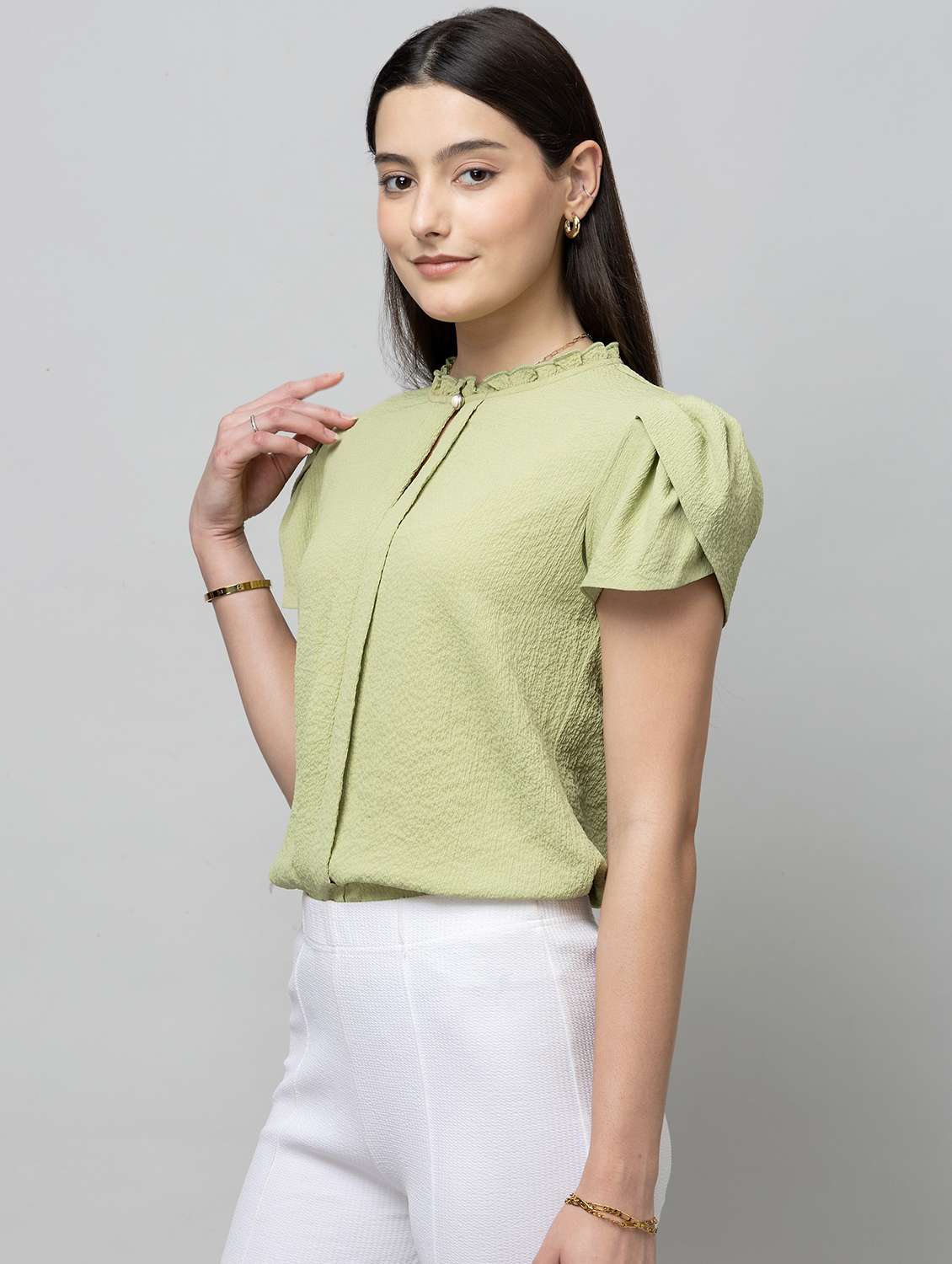 women solid tulip sleeve regular top - 22078528 - Standard Image - 1