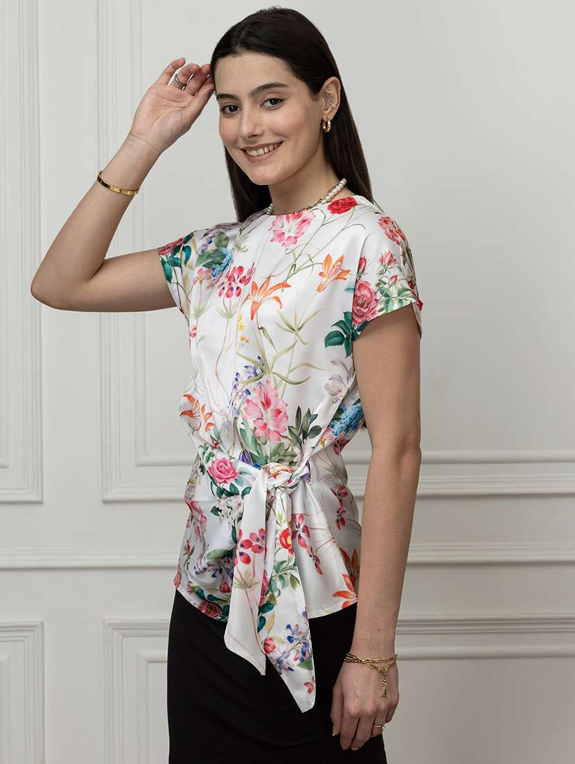 women floral print short sleeve mock wrap top - 22078530 - Standard Image - 1
