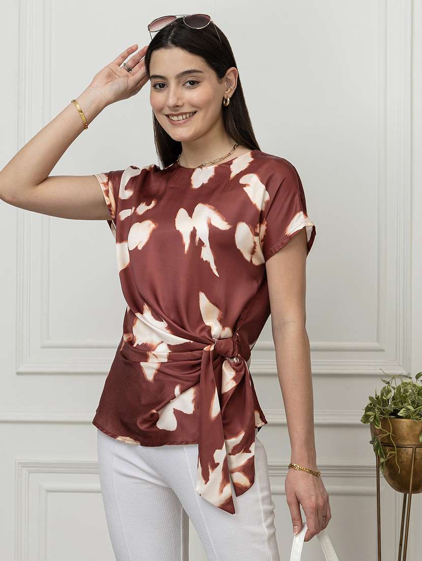 women printed short sleeve mock wrap top - 22078532 - Standard Image - 1
