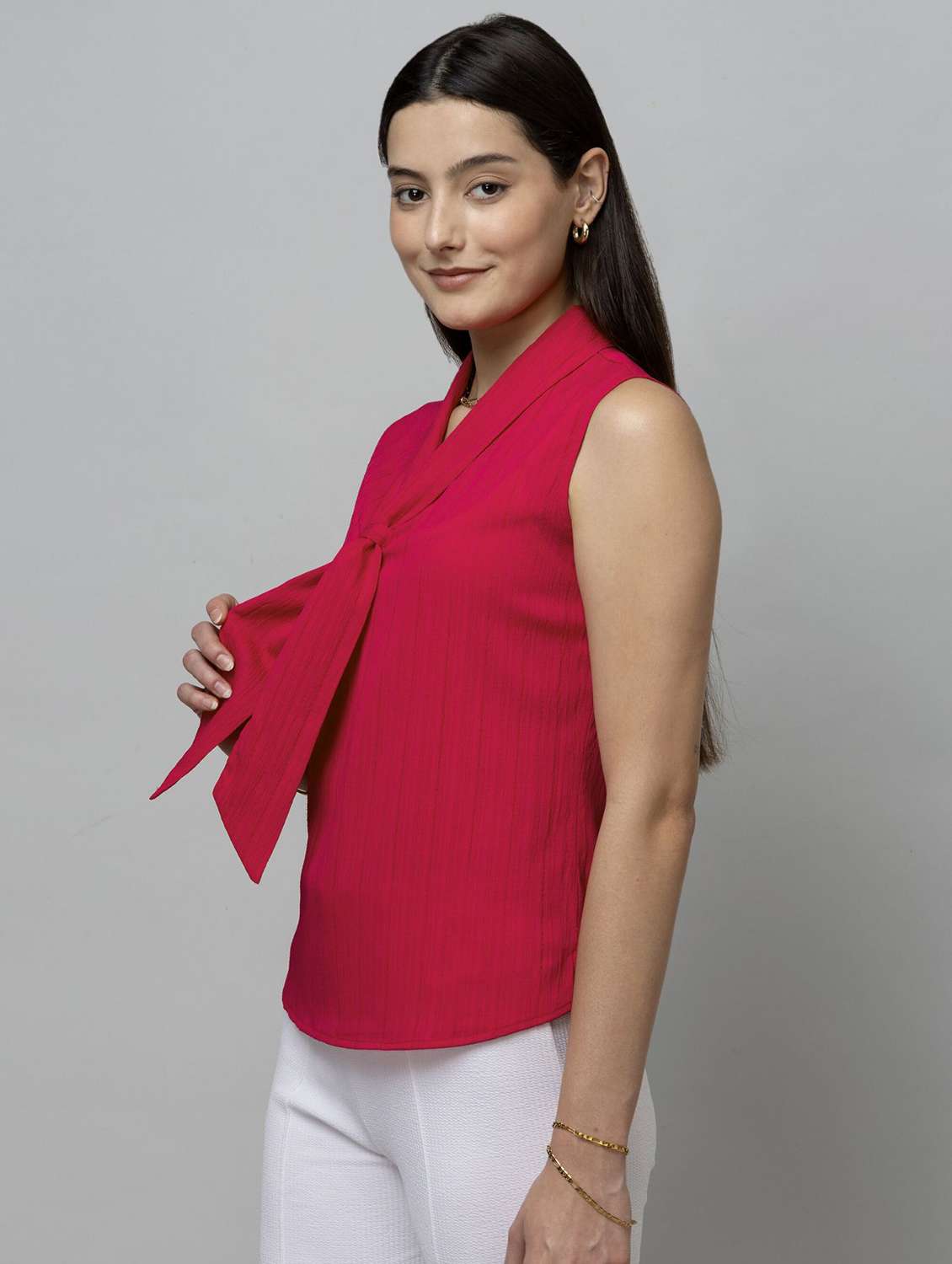 women solid sleeveless tie-up neck regular top - 22078533 -  Standard Image - 1