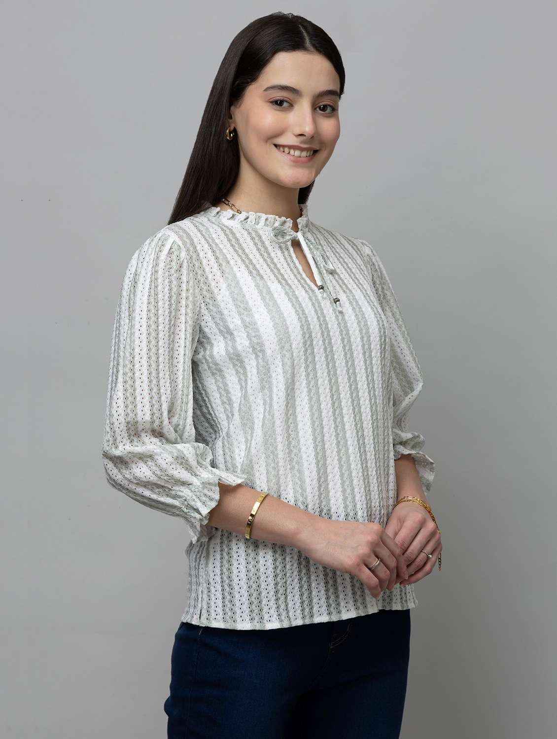 gwomen striped puff sleeev tie-up neck regular top - 22078538 - Standard Image - 1